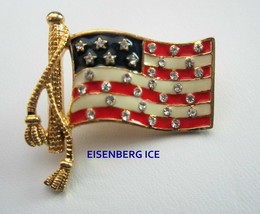 Eisenberg Ice American Flag Tac Pin Red White Blue Enamel Crystal Rhinestones - $21.95