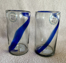 2 HAND BLOWN MEXICAN ART GLASS BLUE COBALT SWIRL SWIRLINE DRINKING TUMBL... - £23.97 GBP