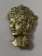 Vintage AJC Lady Head Floral Brooch Art Nouveau Style Gold Tone - £11.19 GBP