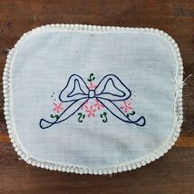 Vintage Handmade Embroidery Doily Blue Ribbon 8x7 Inch - $11.30 CAD
