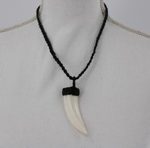 FAUX CARVED SHARK TOOTH PENDANT NECKLACE W/ ADJUSTABLE BRAIDED BLACK COR... - £14.15 GBP