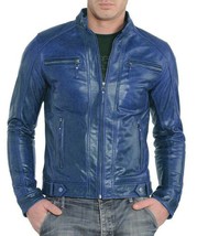 Stylish BLUE Men&#39;s Jacket Real Soft Lambskin Leather Handmade Motorcycle Biker - £84.51 GBP