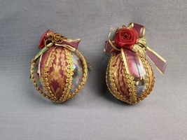 Christmas Ornaments Iridescent Glass Ribbon Wrapped Pair Gold &amp; Burgundy Roses - $19.80