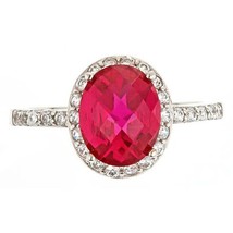 14K White Gold Plated Oval Simulated Ruby Solitaire Halo Engagement Wedding Ring - £64.89 GBP