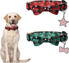 2 Pack Christmas Dog Collar with Bow, Dog Red Green Plaid Adjustable Bow Ties - £12.32 GBP