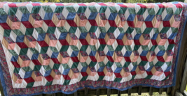 Hand Crafted  Bed quilt Cube Design Full Sized Multi Colored Stains Need... - $105.63