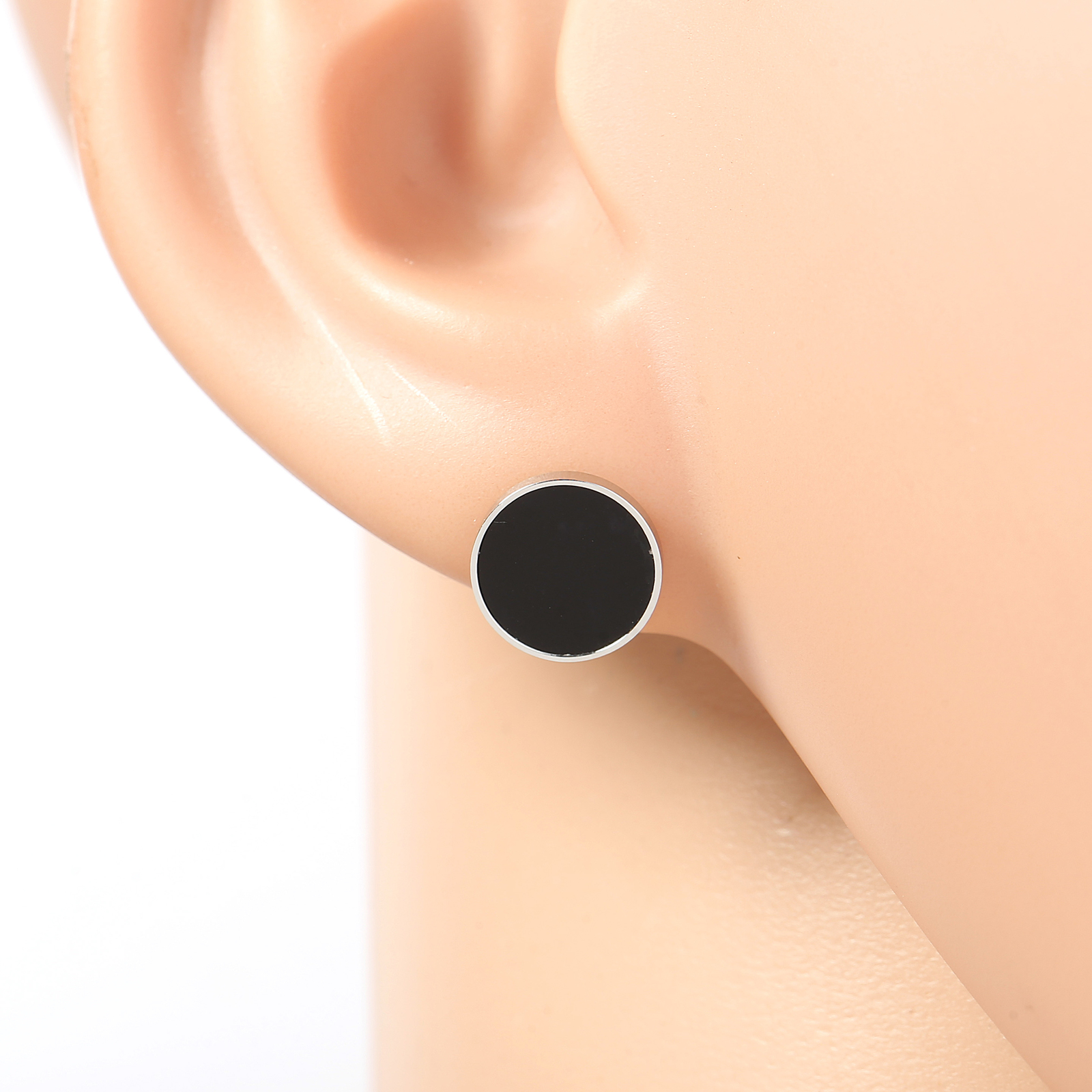 Silver Tone Circular Stud Earrings with Jet Black Inlay