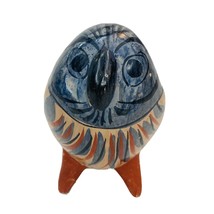 Vtg Owl Mexican Tonala Handpainted Burnished Blue Tan Pottery Folk Art 4” Signed - £18.58 GBP