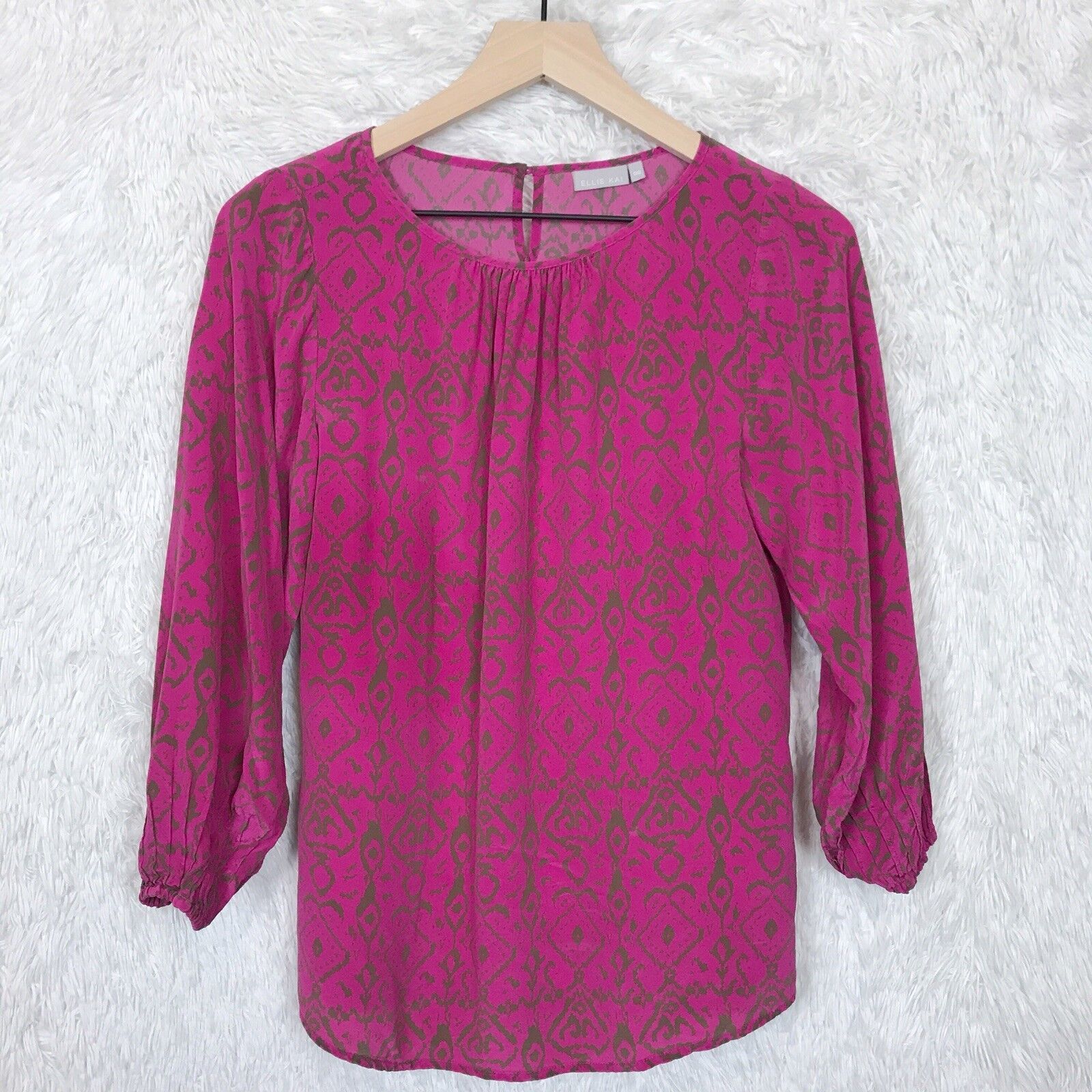 Primary image for Ellie Kai Pure Silk Peasant Blouse Pink Brown Ikat 3/4 Sleeve Womens 00 XXS