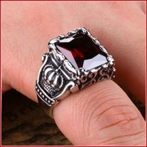 Ruby Red Emerald Cut AAAA Zircon Royal Kings Crown Mens Titainium Ring image 2