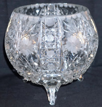 Large 3 Footed Cut Glass Centerpiece Rose Bowl Vase Much Detail &amp; Etched... - £80.12 GBP
