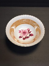 Vtg Sm Serving Bowl Floral Rose Design w/Shimmery Gold Stencil Stripe--K... - £4.05 GBP