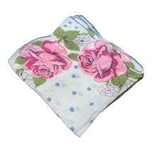 Scalloped edged floral handkerchief Pink Cabbage Rose Blue Flowers Hanki... - £11.94 GBP