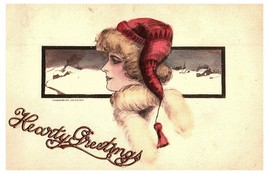 Winter Woman &amp; Landscape Hearty Greetings EB Scofield Christmas Postcard 1910 - £15.53 GBP