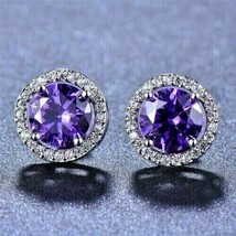 4Ct Round Cut Simulated Amethyst Halo Stud Earrings 14k White Gold Plated Silver - £82.08 GBP