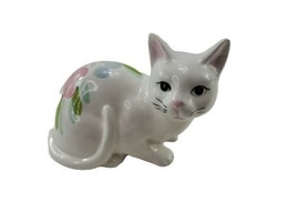 Hand Painted Ceramic Porcelain White Cat Kitten with Flowers Figurine - $9.01