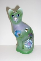 Fenton Glass Green Opalescent Coneflowers &amp; Bees Stylized Cat Figurine LE #8/10 - £177.95 GBP