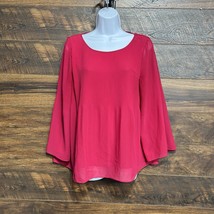 Max Studio Pleated Chiffon Blouse Women Large Coral 3/4 Puff Sleeve - $177.59 MXN