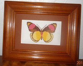 New Butterfly Framed Picture Finished Cross Stitch  Handmade Brown Yellow Pink - £43.74 GBP