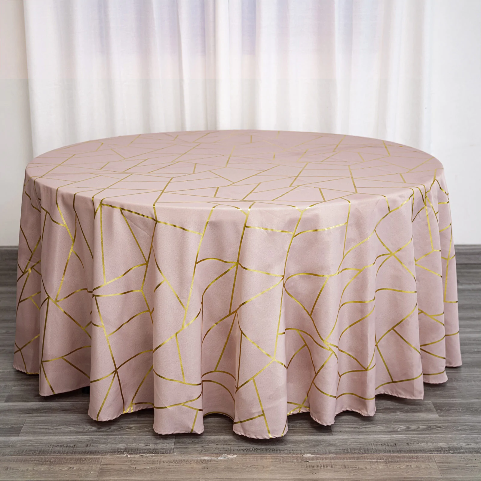 Dusty Rose - 120&quot; Round Polyester Tablecloth With Gold Foil Geometric Pattern - £39.96 GBP
