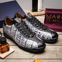 Hand painted big block alligator scales Sneaker Shoes Saulo Newspaper / Black image 8