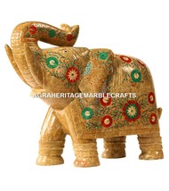 12&quot; Marble Trunk up Elephant Sculpture Marquetry Inlay Home Decor Best G... - $895.04