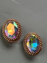 Vintage Huge Oval Faceted Aurora Borealis Rimmed in Faux Pearl &amp; Clear Rhineston - £11.62 GBP