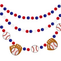 3 Pieces Baseball Pom Pom Ball Garlands Ss Theme Banner Blue Red And W - £23.44 GBP