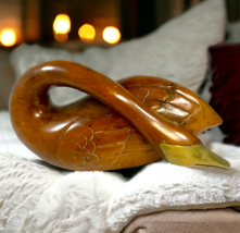 Large Vintage Midcentury Modern Wooden Swan Sculpture Goose Brass Beak 13” Wood - £209.22 GBP