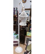Antique Old White Wood White Wicker Birdcage House &amp; Floor Stand Vintage... - $218.35 CAD