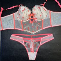 Victoria&#39;s Secret longline 36C BRA SET L Thong neon ORANGE Gold embroidered - £79.12 GBP