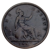 1865 Great Britain Penny VF Condition KM #794.2 Rim Bump on Rx - $41.57