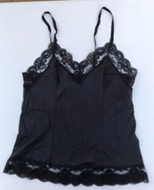 Vtg Non-Cling Tricot Camisole Sz M Silky Lace Black Adjustable Satin Rib... - £9.66 GBP
