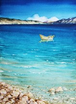 Seascape Boat Art Landscape Watercolor Painting Original Sea Sky Nature Stone Be - £140.80 GBP