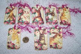 8 Pcs Vintage Victorian Bunny Roses Gift Vintage Linen Hang Tags #MNS - £13.36 GBP