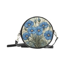 Round Sling Purse Art Nouveau Blue Flowers 8 Inches PU Leather - £38.07 GBP