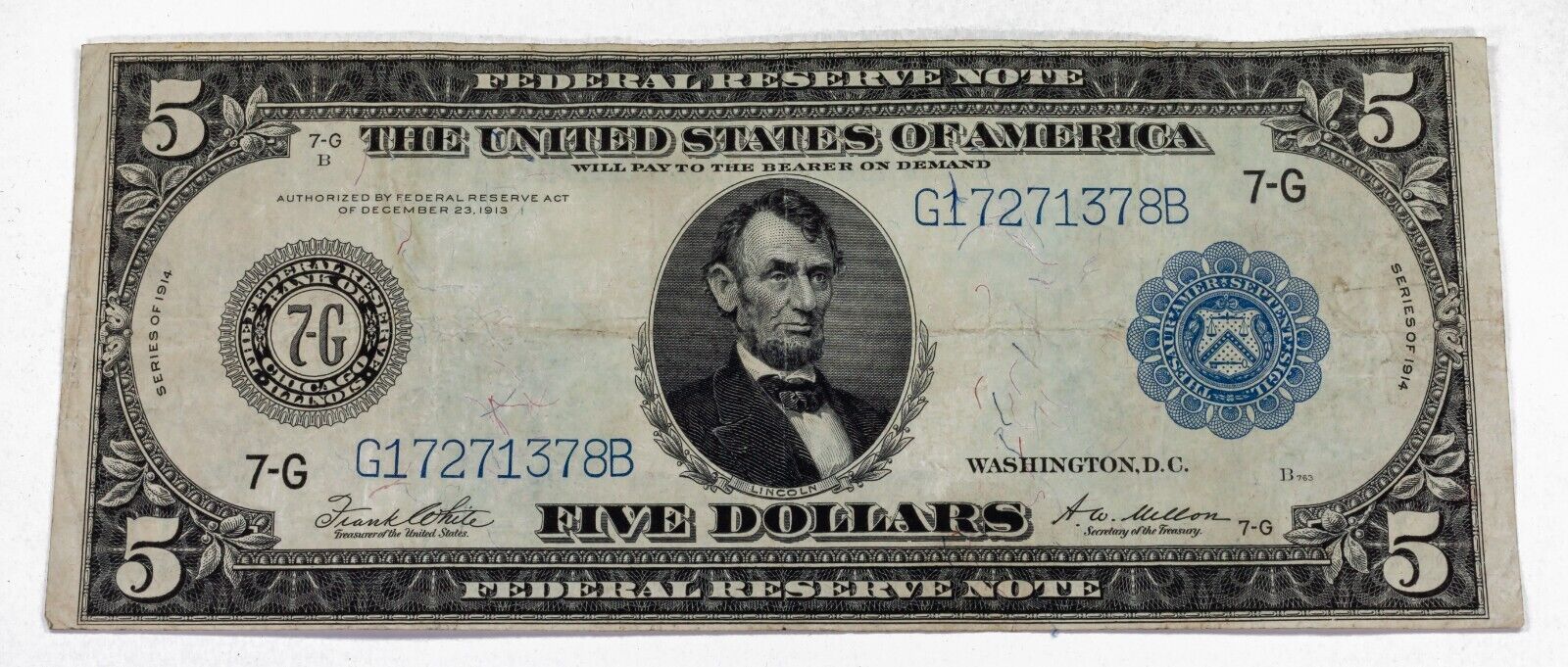 Primary image for Series of 1914 $5 Federal Reserve Note in Extra Fine XF Condition FR #871A