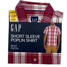 Gap NWT Men&#39;s Short Sleeve Button Front Poplin Shirt Red Plaid Medium - £9.37 GBP