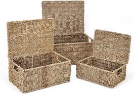 Set Of 3 Rectangular Seagrass Baskets With Lids By Trademark Innovations (Small) - £35.96 GBP