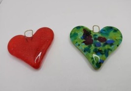 Lot of 2 Fused Art Glass Hanging Hearts 2&quot;x2&quot;  1 Orange &amp; 1 Multi-Colored Green - £7.99 GBP