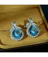 2Ct Round Cut Lab Created Aquamarine Halo Stud Earrings 14K White Gold P... - $146.99