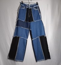 American Bazi Y2K Women&#39;s Wide Leg Frayed Design Light/Dark Wash Jeans Size S - £30.76 GBP