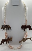 Hand Carved Safari Animals Wooden White Peach Shell Beaded Necklace - £15.56 GBP