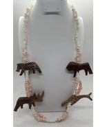 Hand Carved Safari Animals Wooden White Peach Shell Beaded Necklace - £15.77 GBP