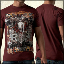 Affliction Saints Second Ram Skull Flag Star Newsprint Collage Men TShirt Red 2X - £43.50 GBP