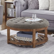 24Kf Large Round Upholstered Tufted Linen Ottoman Coffee Table, Large, Granite - £250.40 GBP