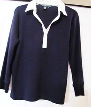 RALPH LAUREN Knit Shirt Top LRL LOGO 3/4 Sleeve Navy w White Collar Wome... - £17.03 GBP