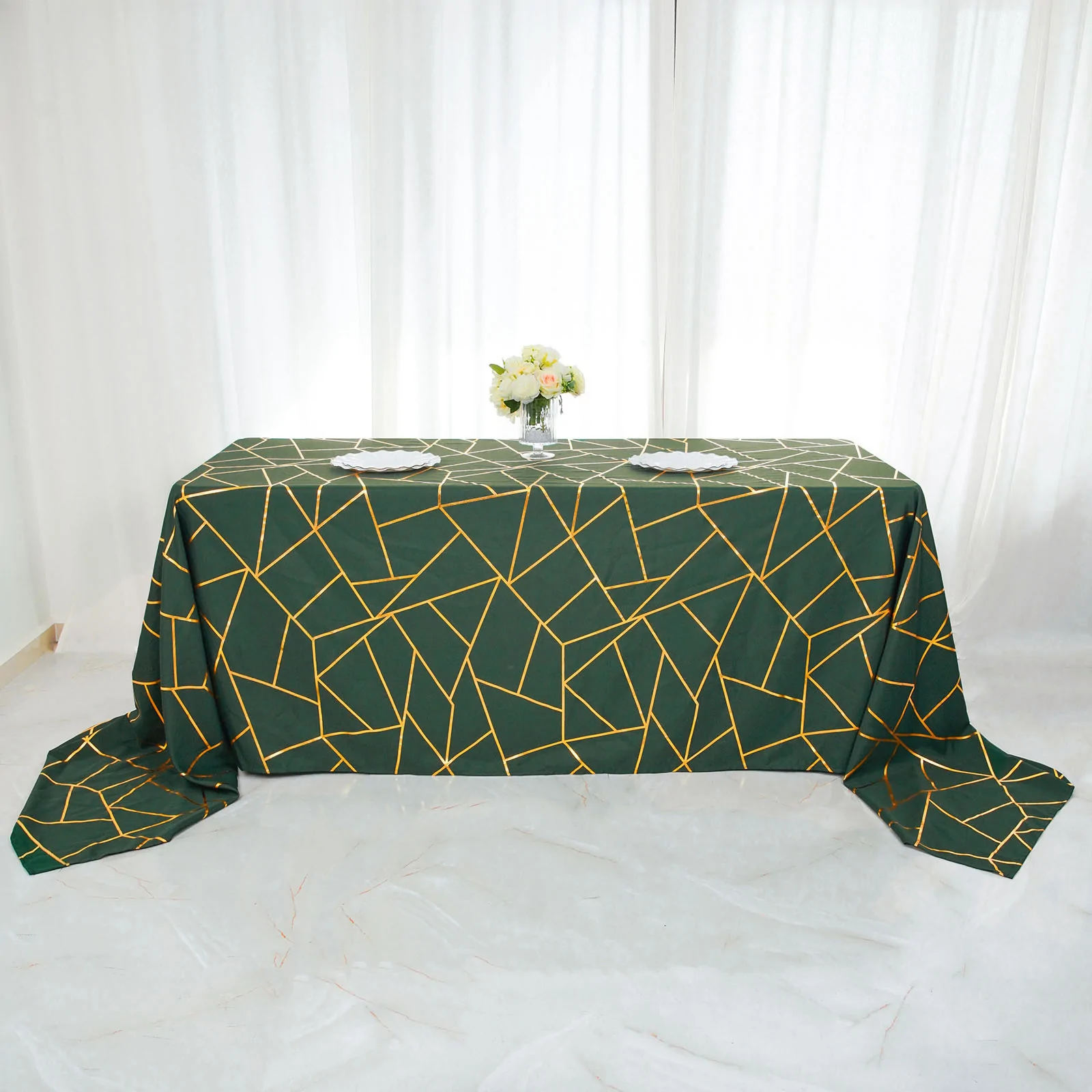 Hunter Green - 90&quot;x132&quot; Rectangle Polyester Tablecloth Gold Foil Geometric - £39.45 GBP