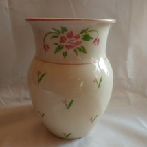 Vintage 1985 Teleflora Flower Vase Cream With Pink &amp; Green Flowers Cerami - £10.20 GBP