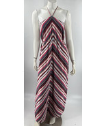 Ann Taylor Loft Diagonal Stripe Red Pink Maxi Dress Medium Halter Womens... - $81.29 CAD